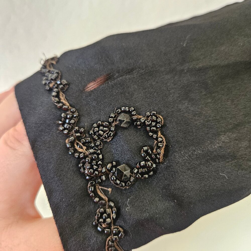 Antique Early 1900s Edwardian Black Silk Blouse Mourning Top Beaded Lace XS/S - Picture 11 of 16